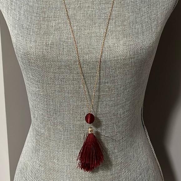 Long Tassel Necklace Burgundy and Gold - Picture 1 of 4